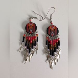 Handcrafted Beaded Dangle Earrings - Red, Black, Silver